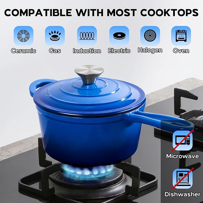 Onader 2 Quart Enameled Cast Iron Saucepan, Small Cast Iron Sauce Pan Pot for Cooking, Enamel Dutch Oven Kitchen Pot – Deep Blue