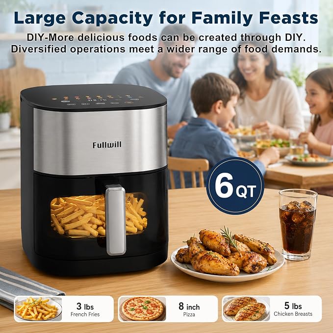 Fullwill 6QT Air Fryer, Viewing Window, Dual Heating, 2 Silicone Liners | 1700W Power; Touch Presets + DIY Mode; 392°F Max Heat; PFOA-Free Nonstick Basket; Dishwasher-Safe Parts