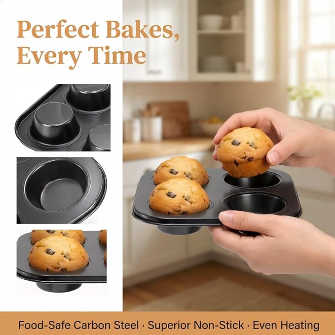 6 Pack Air Fryer Muffin Pan, 4 Cup Non-Stick Baking Pan | Carbon Steel Small Oven Muffin Tin, Round Cupcake Bakeware Cake Mould for Egg Muffin, Quiches, Frittatas