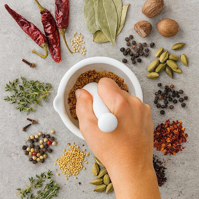 HIC Kitchen Mortar with Pour Spout and Pestle, Fine Porcelain, 4.25-Inch, Spice Herb Grinder, Pill Crusher, Nut Butter Maker