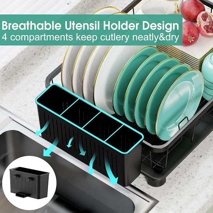Hiviweer Dish Drying Rack for Kitchen Counter, 16.2" L x 12.5" W, Black | Space-saving design with drainboard, removable utensil holder, rustproof durable dish drainer for kitchen countertop storage