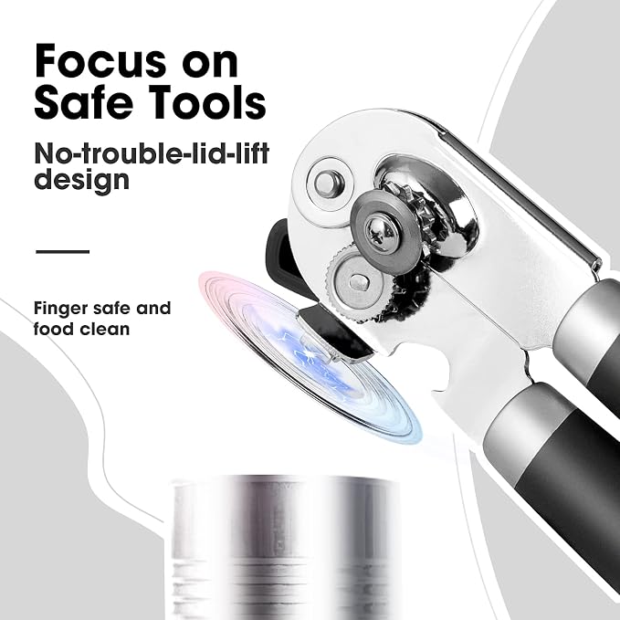 Beneno Heavy Duty Hand Can Opener Manual with Magnet Lid Remover, Black | Razor-Sharp Carbon Steel Blade, Precise Smooth Cutting Gear, Big Effort-Saving Knob, Soft Grip Handle, Built-in Bottle Opener