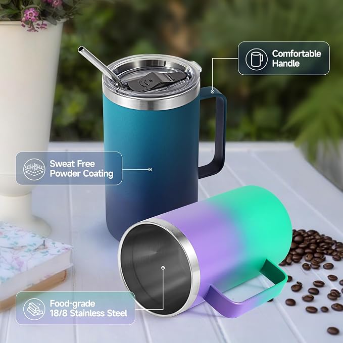 Volhoply 22oz Insulated Stainless Steel Coffee Mugs with Leakproof Lid Bulk 2 Pack,Double Wall Vacuum Travel Coffee Cup with Handle,Reusable Metal Tumbler,Camping Mug Keep Hot&Cold(Mixed,2)