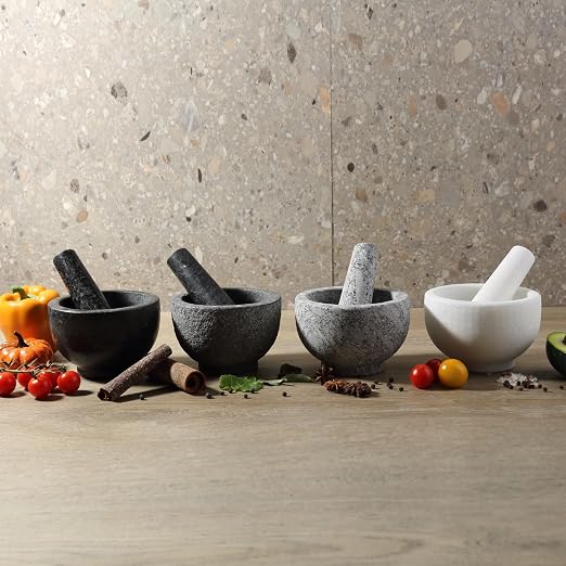 Natural Marble Mortar and Pestle Set, 5" Heavy Duty Granite Grinder for Kitchen, Guacamole, Salsa, Pill Crusher, Spice, Herb, Marble Bowl for Kitchen Counter, Granite Spice Grinder Bowl