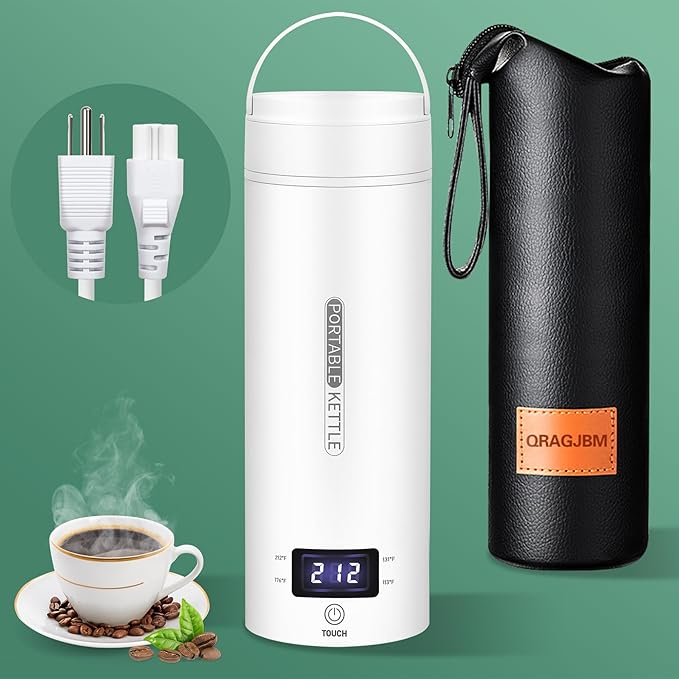 QRAGJBM Portable Electric Kettle Travel, 120V, 450ml, 4 Temperature Control | 304 Stainless Steel Lining, Auto Shut-Off, Boil Dry Protection, BPA-Free, Lightweight, For Hotel and Office (White)