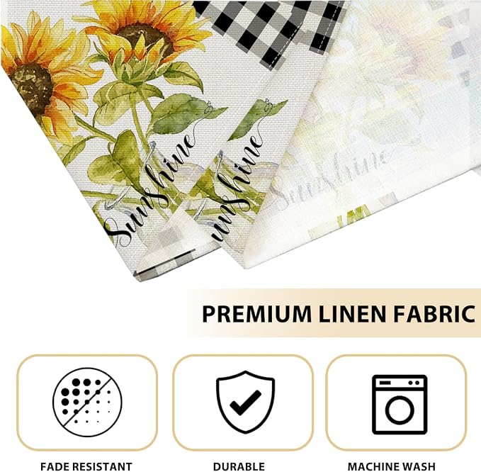 Sunflower Sunshine Vase Summer Placemats Set of 4, Outdoor Home Party Decor | Buffalo Plaid Spring Table Mats for Kitchen Dining Decoration, Washable Non-Slip Heat Resistant Linen Fabric Place Mats
