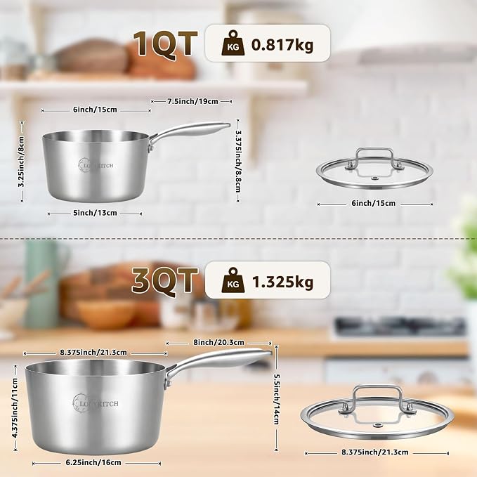 LOLYKITCH 1QT & 3QT Stainless Steel Saucepan Set with Glass Lids | Tri-Ply | Uncoated | Heavy Bottom | Cooking Pots | Metal Sauce Pans for Induction Cooktop | Ergonomic Handle