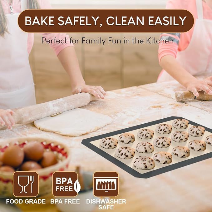 HOTEC Silicone Baking Mats 3 Pack – Non-Stick Reusable Silicone Baking Sheets for Oven – Cookie & Macaron Mats – 2 Half Sheet + 1 Quarter Sheet – BPA-Free, Dishwasher Safe