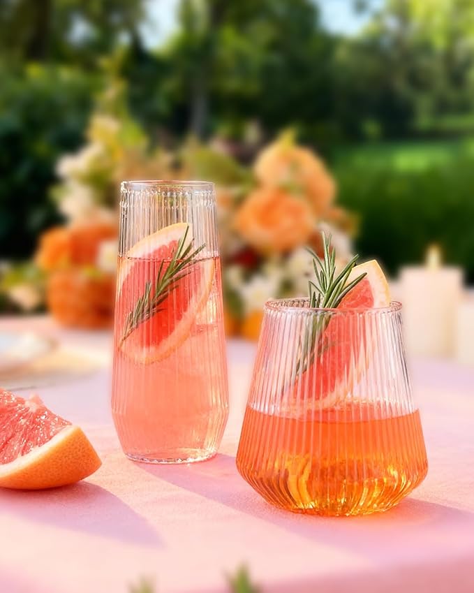 BESTSTAR 96 Pack Clear Plastic Ribbed Origami Ripple Plastic Glasses Set | 48 9OZ Stemless Champagne Flutes & 48 12OZ Cups, BPA-Free Shatterproof Clear Drinkware for Weddings, Parties & Events