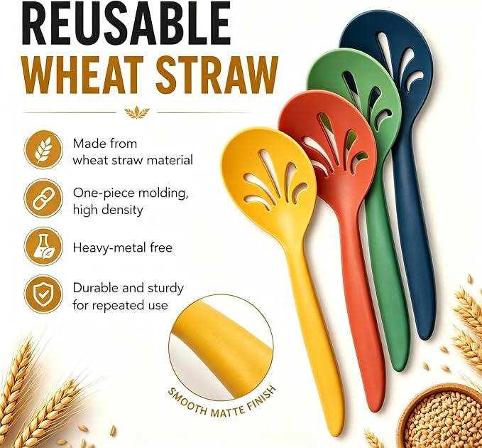 Reusable Plastic Serving Utensils Set of 18, 10" Wheat straw Large Serving set Serving Spoons/Slotted Spoons/Tongs, for Party Buffet Catering (Orange/Blue/Yellow/Green, Not for Cooking)