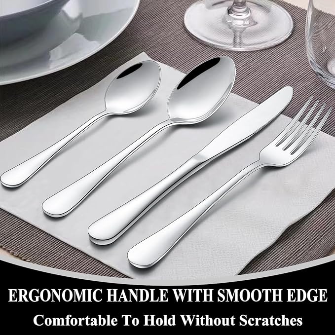 60-Piece Silverware Flatware Cutlery Set, Wildone Stainless Steel Tableware Utensils Service for 12, Include Dinner Knives/Forks/Spoons, Mirror Polished, Dishwasher Safe
