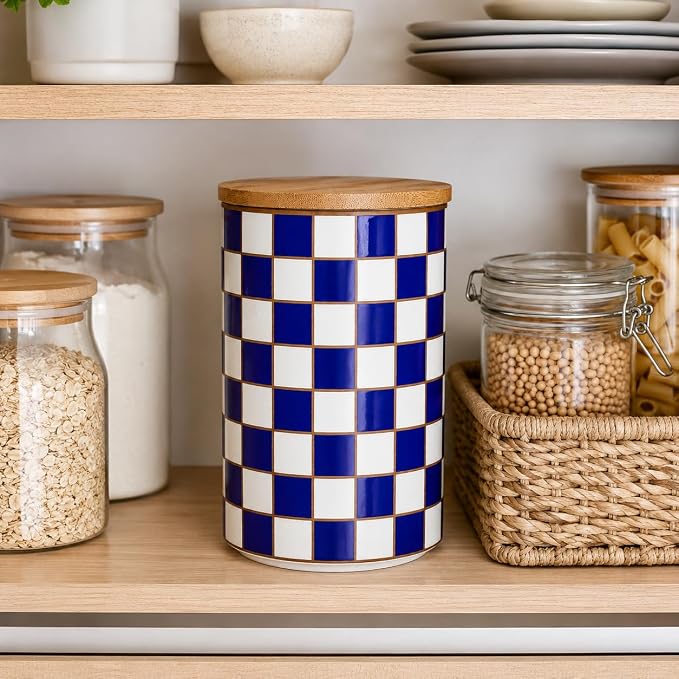 Kitchen Countertop Ceramic Checkered Canisters,Black And White Food Storage Containers With Lid,Airtight Kitchen Canisters for Flour, Sugar, Coffee, Tea, and Dry Goods (Blue, XL)