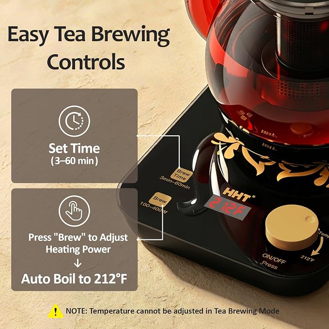 HHT Electric Tea Maker with Infuser, ±1℉ Precise Temperature Control, Glass Electric Kettle for Herbal,Flowers,Fruit Tea and Loose Leaf,BPA-Free,Auto Shut-Off,Brewing Program,Keep Warm,0.8L