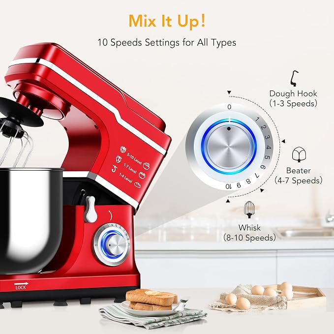 Garvee 7.5 QT Stand Food Mixer, 10-Speed Tilt Head 3 in-1 Kitchen Electric Mixer with Stainless Steel Bowl, Egg Whisk, Dough Hook, Beater, Splash Guard, Compact Dough Mixer for Home Cooks, Red