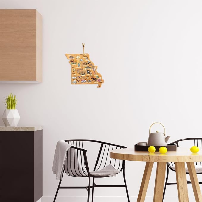 Totally Bamboo Missouri State Shaped Cutting Board, Art by Fish Kiss | State charcuterie board with colorful hand-drawn map artwork. Smooth reverse side for food prep. Hang tie for wall display.