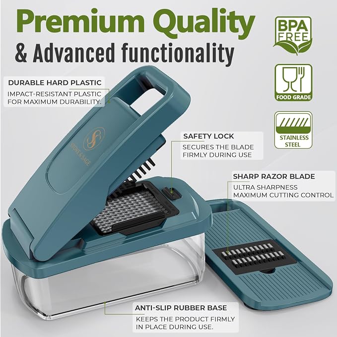 Multifunctional Vegetable Chopper & Mandoline Slicer, Veggie Chopper | Removable Grid ,8 Interchangeble Blades, Onion Chopper, Easy to Clean, Dishwasher Safe, Fruit Slicer Onion Dicer