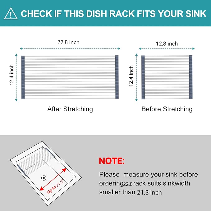 BBXTYLY Extra Large Expandable Roll Up Dish Drying Rack,Over The Sink Drying Rack Sink Cover Kitchen Sink Accessories Kitchen Rolling up Stainless Steel Drainer, Foldable,Rollable（Gray，22.8''-12.4''）