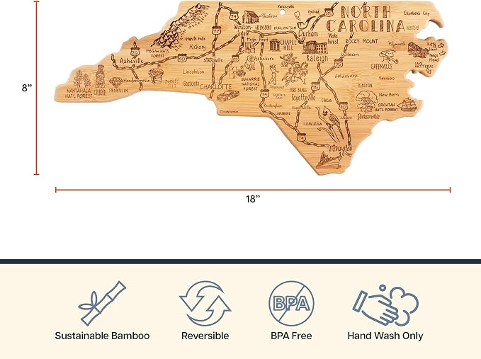 Totally Bamboo Destination North Carolina State Shaped Cutting Board | State charcuterie serving board with engraved map artwork. Smooth reverse side for food prep. Hang tie for wall display.