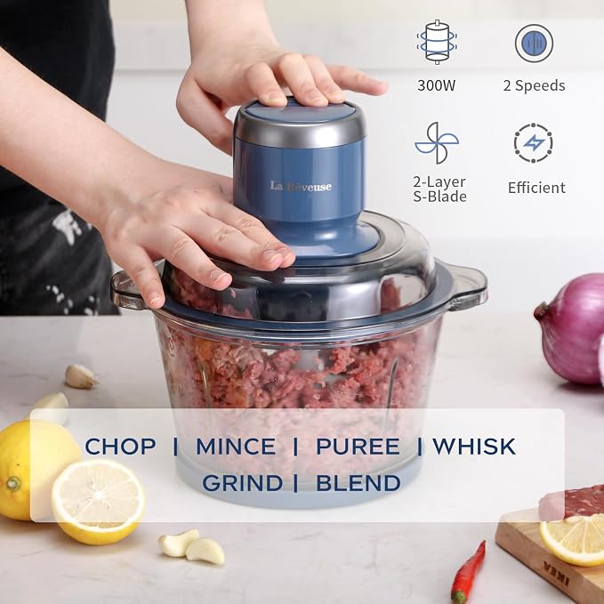 La Reveuse Electric Food Processor, 7-Cup Food Chopper Glass Bowl, Blue | for Chopping, Grinding, Mincing, Whisking, Meal Prep, 2-Layer Chop Blade, (1) Whisking Disc, (1) Spatula, 300W, LARB4016