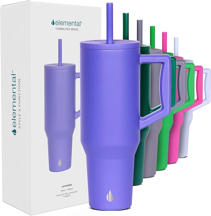 Elemental Spill Proof 40oz Insulated Tumbler with Handle & Straw Travel Mug | Stainless Steel Commuter Travel Coffee Mug for Cold Beverages, Includes 2 Straws & a Spill Proof Lid for Everyday Use