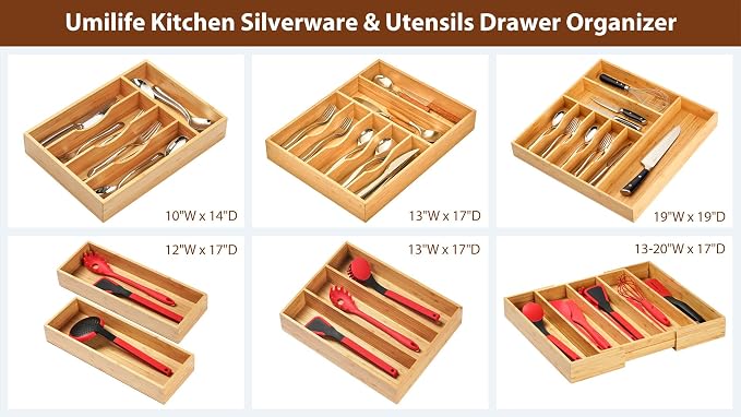 Bamboo Kitchen Drawer Organizer, 8 Inch Silverware Utensils Tray Holder for Small Drawer, Wood Caddy for Flatware Cutlery Knives