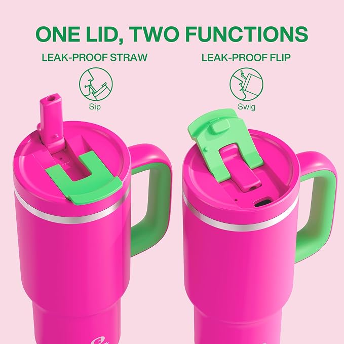 ENCOOL 32 oz Tumbler with Handle and Straw: Stainless Steel Insulated Tumbler Keeps Cold for 24 Hours, Leakproof Travel Cup Fits in Cup Holder and BPA-Free,Knockout Pink