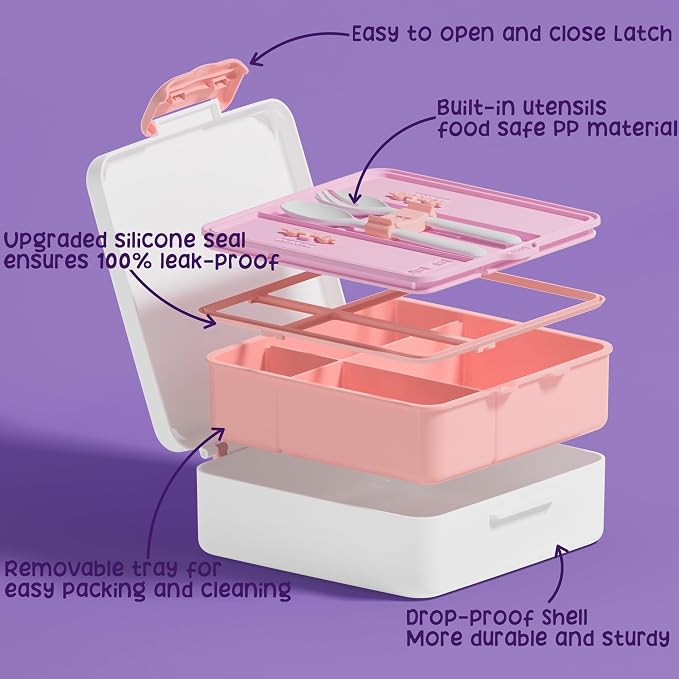 Fimibuke Kids Bento Snack Lunch Box with Thermo Insulated Toddler Lunch Bag | Lunch Box Kids with 4 Compartment, Food Jar, Ice Pack, Utensils, Birthday Gifts for Ages 3-12 Back to School Toddler Girl Boy