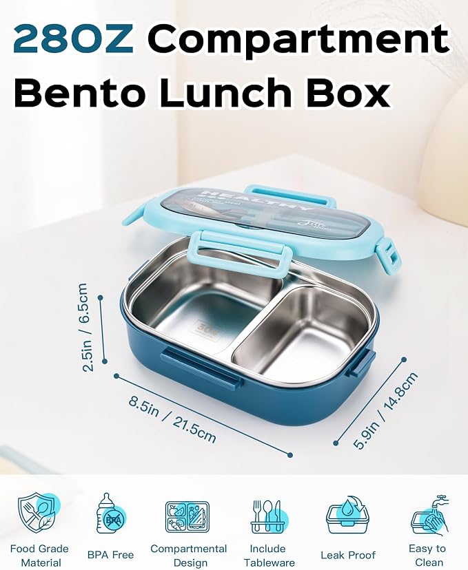 Lille Home 28oz Stainless Steel Leakproof 2-Compartment Bento Lunch Box | Portion Control Metal Lunch Box Food Container with Lunch Bag and Cutlery Set, BPA Free (Light Blue)