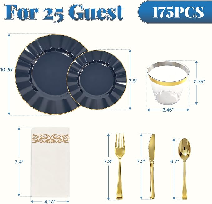 Glowserve 175 Piece Disposable Plastic Plates Dinnerware Set for 25 Guests | 50 Plastic Plates,25 Silverware Set,25 Cups and Napkins,Wedding Birthday,Family Party,Fancy Plastic Plates