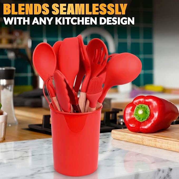 12 Pcs Red Kitchen Utensils Set with Holder – Versatile Silicone Utensils Set for Cooking and Baking, Gentle on Pots and Pans, Heat-Resistant, Stylish, Easy to Clean, Red Kitchen Accessories