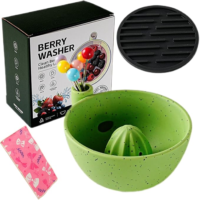 Self Spinning Ceramic Berry Washing Bowl with Drain Holes, 5.5'' Kitchen Fruit Washer Spinner Bowl with Fruit Fork and Waterproof Pad (Small-Green)