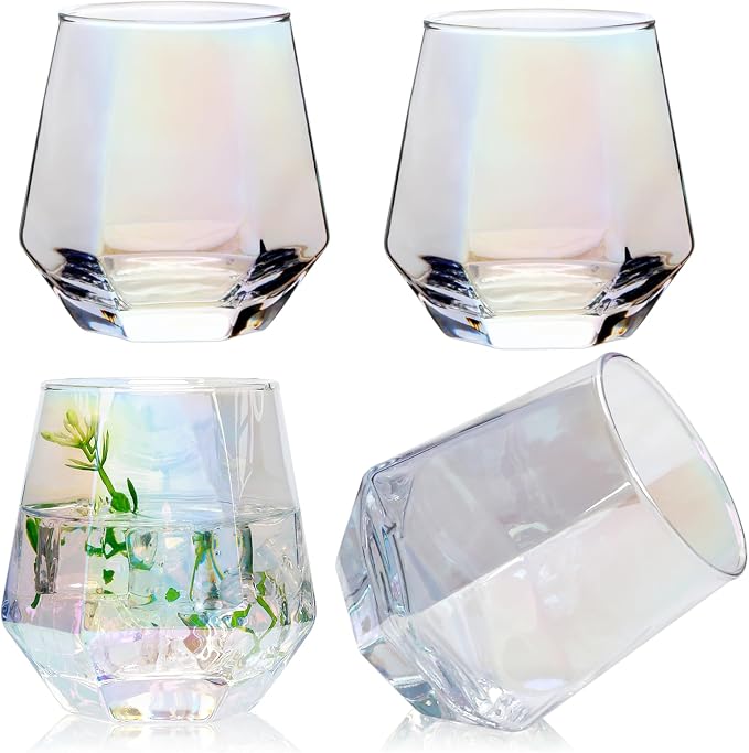 Wine Glasses Set of 4, Iridescent Stemless Wine Glasses 10oz | Geometric Diamond Shaped Glass Cups, Red and White Wine, Whiskey, Cocktail, Bourbon, Juice, Water