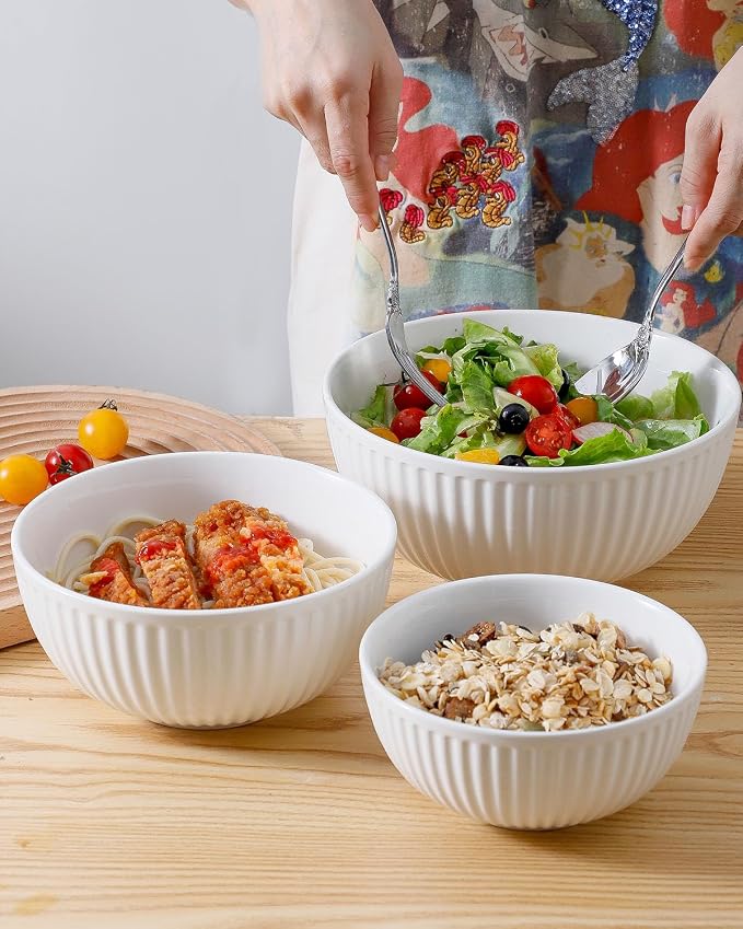 HASENSE White Ribbed Ceramic Serving Bowls Set of 3 | Stackable Nesting Salad Bowls, Large Prep Mixing Bowls for Pasta Fruit Baking Kitchen Counter Storage