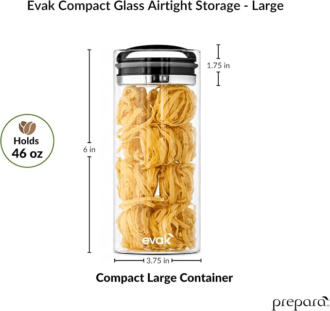 Prepara Evak Compact Glass Food Storage Container, Large, 6' x 3.75' | Airtight Glass Canister with Black Gloss Handle, Vacuum Seal Keeps Food Fresh Longer, Ideal for Coffee, Tea & Pantry Storage