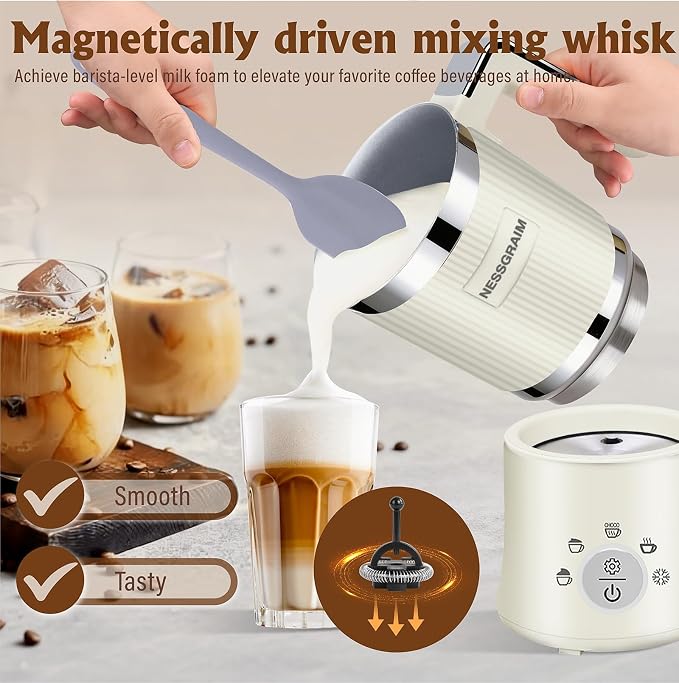 5-in-1 Electric Milk Frother, Automatic Milk Frother & Steamer for Hot & Cold Foam, Large Capacity Milk Warmer for Latte Cappuccino, Hot Chocolate Maker, Dishwasher Safe (Beige)