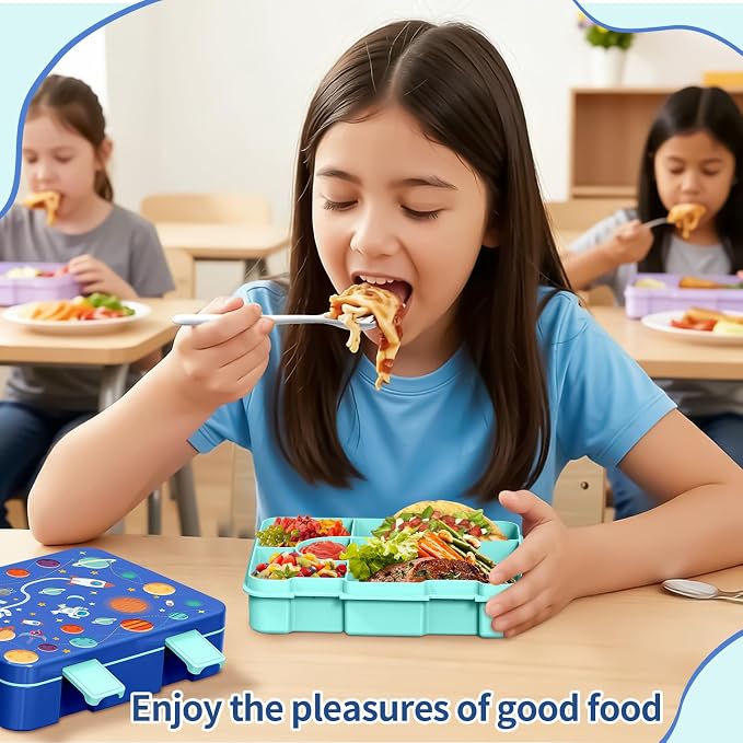 Bento Lunch Box for Kids, Leak-Proof 5-Compartment Cute Lunchbox for Boys Girls, Drop-Proof, Food Container Microwave & Dishwasher Safe, Back to School Supplies for Ages 3 to 7, Blue/Astronaut