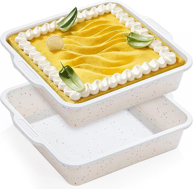 8x8 inch Silicone Square Cake Pan, Cream, Set of 2 | Metal Reinforced Frame, Nonstick Brownie Pan for Baking, BPA Free
