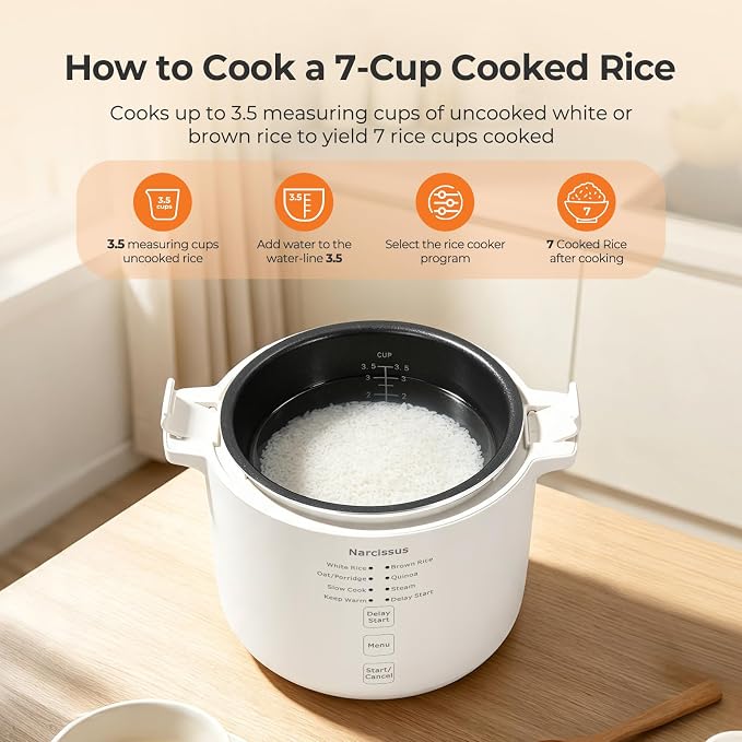 Narcissus Rice Cooker with Removable PFAS-Free Nonstick Pot, 3.5-Cup Capacity for 1-3 People, Multifunctional for Rice, Oatmeal, Quinoa, Slow Cook, Steam, Can Steam & Cook Simultaneously, Rice White