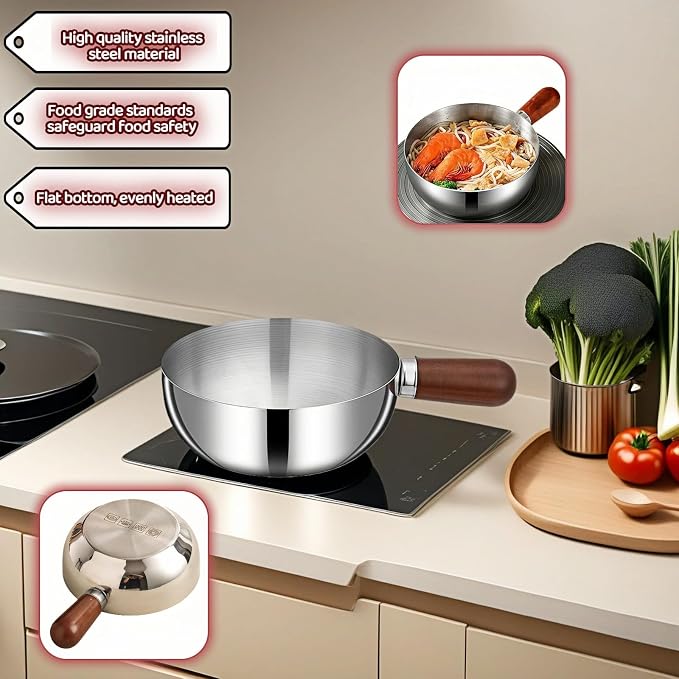800ml/27oz Wood Handle Saucepan - 316 Stainless Steel, Multi-Use Induction Compatible Pan for Milk, Soup, Oatmeal, Camping & Small Kitchen