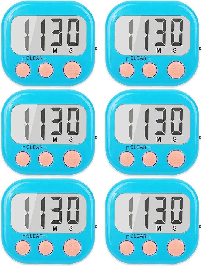 6 Pack Kitchen Timers Loud Ring Digital Timers for Cooking Magnetic Blue