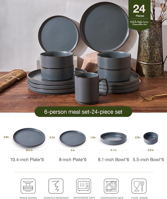 Famiware Nebula Ridge 24-Piece Dinnerware Set with Pasta Bowls, Charcoal | Stoneware Plates and Bowls for 6, Warm Hand-Painted Rims, Microwave and Dishwasher Safe