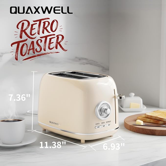 Retro 2-Slice Toaster, Stainless Steel, Beige | Wide Slots, 7 Bread Shade Settings, Bagel, Cancel, and Defrost Functions, Removable Crumb Tray, Retro Kitchen Appliances