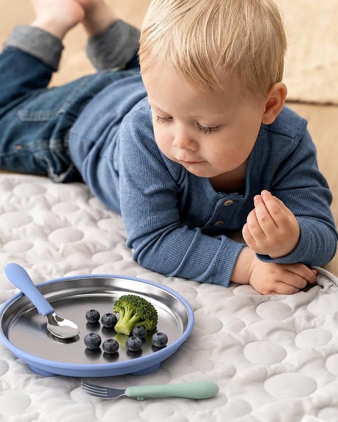 Bakpoco Stainless Steel Baby Plates with Removable Silicone Suction | 8" Stainless Steel Toddler Plates, Open Suction Plates for kids Non Toxic & BPA Free Dishwasher Safe Dinnerware Set of 3