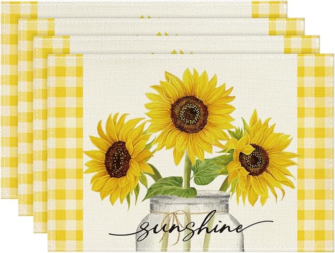 Artoid Mode Yellow Buffalo Plaid Sunflower Sunshine Vase Summer Placemats Set of 4, 12x18 Inch Spring Table Mats for Party Kitchen Dining Decoration