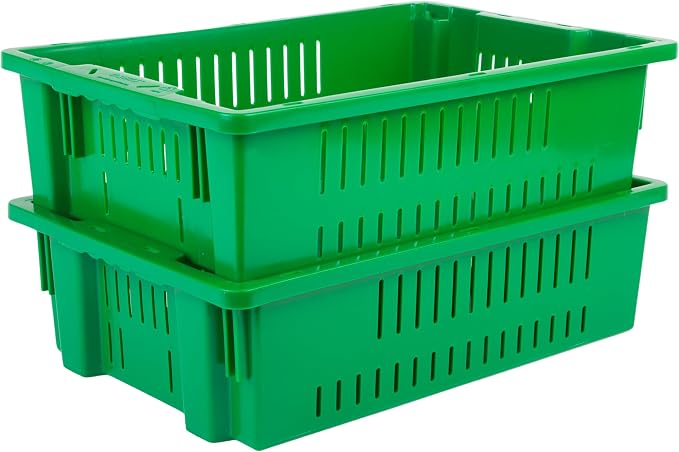 Hudson Exchange 20 x 13 x 5.6" (4 Pack, 4.5 Gallon) Agricultural Nest and Stack Vented Crate Handled Storage Container Tote, Green