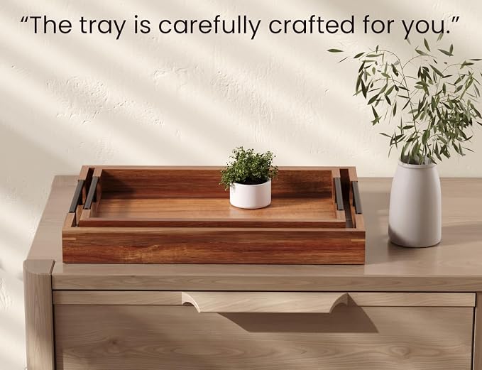 Fibogollo Acacia Wood Set of 2 Serving Tray with Metal Handles,Ottoman Decorative Trays Platter for Coffee Table,Living Room,Bar,Party