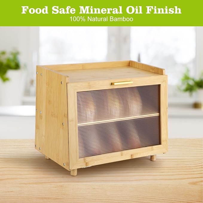 Garvee 2-Tier Bamboo Bread Box for Kitchen Counter, Farmhouse with Window | Clear Window, Strong Magnetic Closure, Compact Footprint, Flat Top, for Kitchen Countertop, Naural & Gold