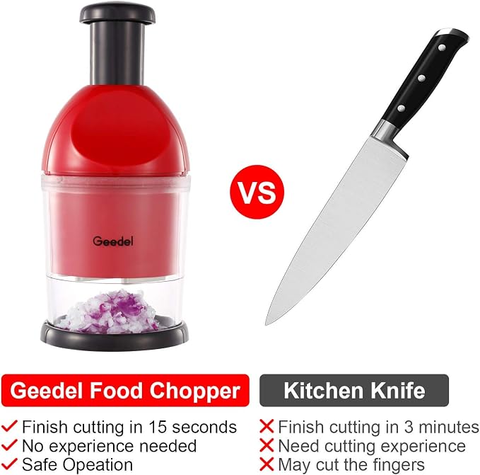 Geedel Food Chopper, Easy to Clean Manual Hand Vegetable Chopper, Dishwasher Safe Slap Onion Cutter for Veggies Onions Garlic Nuts Salads Red | Hand Chopper for Veggie Onions Garlic Nuts Salads, Fast & Even Chopping, Sharp Stainless Steel Blade, Dishwa...
