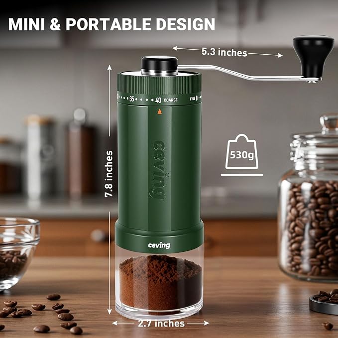 CEVING World's First 60g Large Capacity Manual Coffee Grinder, Green | 40 External Settings, Portable Hand Coffee Bean Mill with Stainless Steel Conical Burr for Travel, Camping, Pour Over & Gift