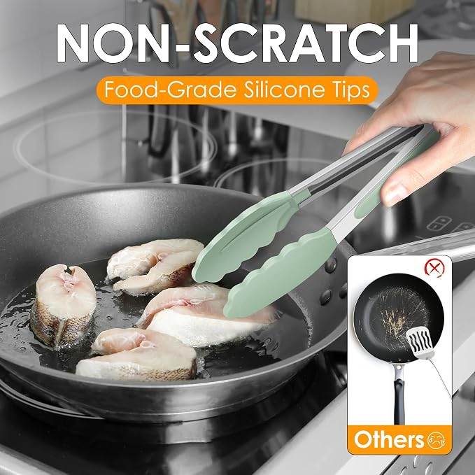 HOTEC Premium 7 & 9 Inch Kitchen Tongs, Stainless Steel Locking Cooking Tongs with Silicone Tips, Non-Scratch & Heat Resistant, Serving Tongs for Salad, BBQ, Light Green, Set of 2
